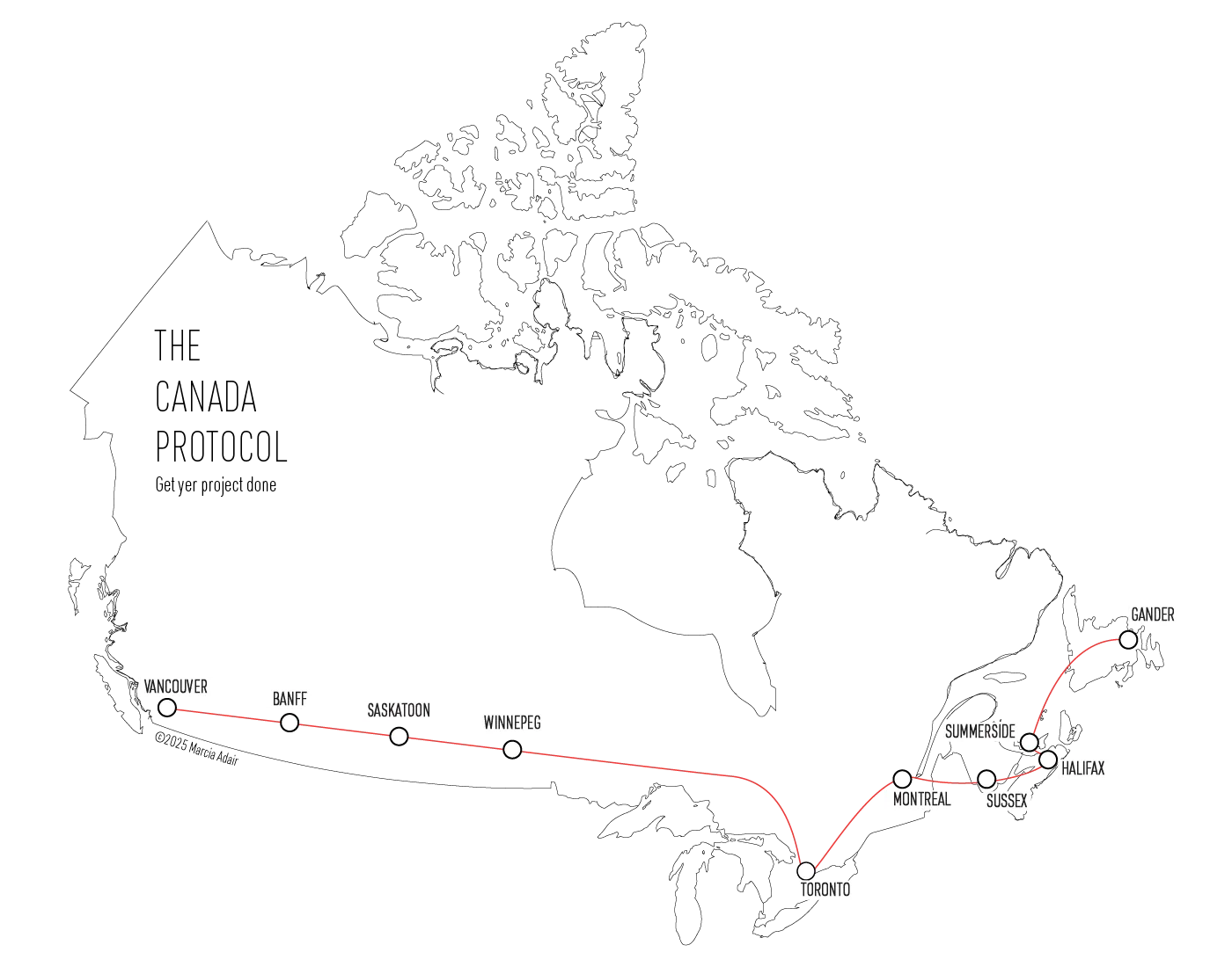 The Canada Protocol map, showing a route from Vancouver to Gander, Newfoundland