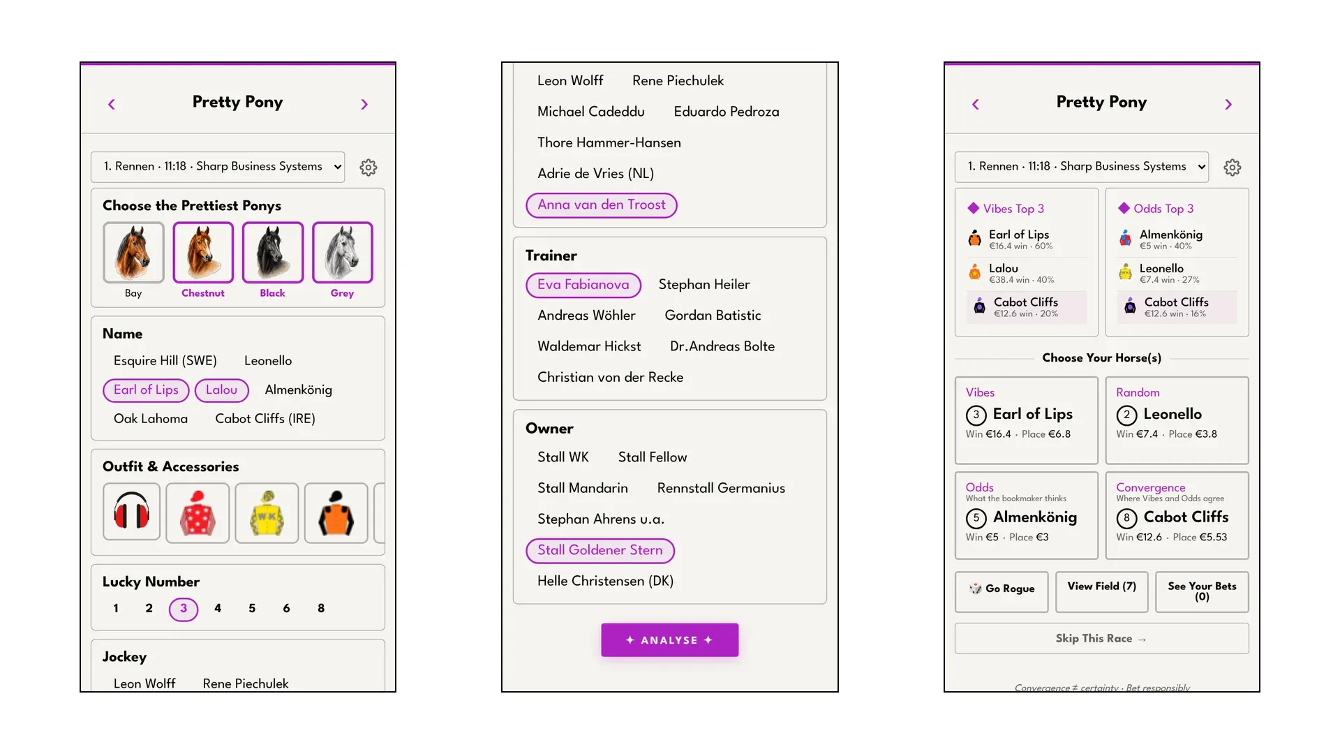 Three screens from the Pretty Pony app: coat colour picker, tapped names, and the four suggested picks