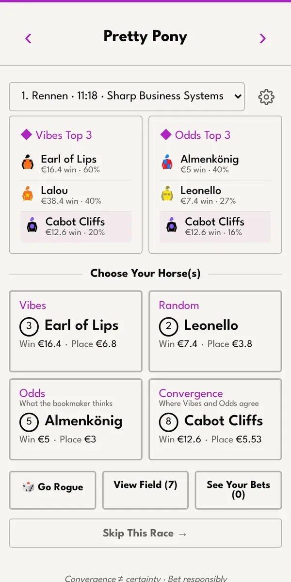 Pick screen with Vibes, Random, Odds and Convergence picks