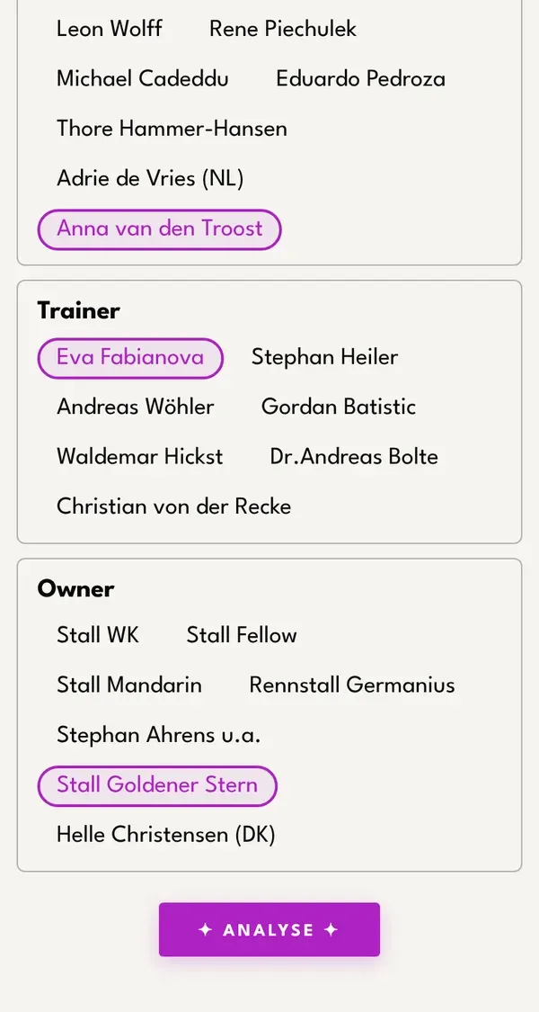 Jockey, trainer and owner lists with three names tapped