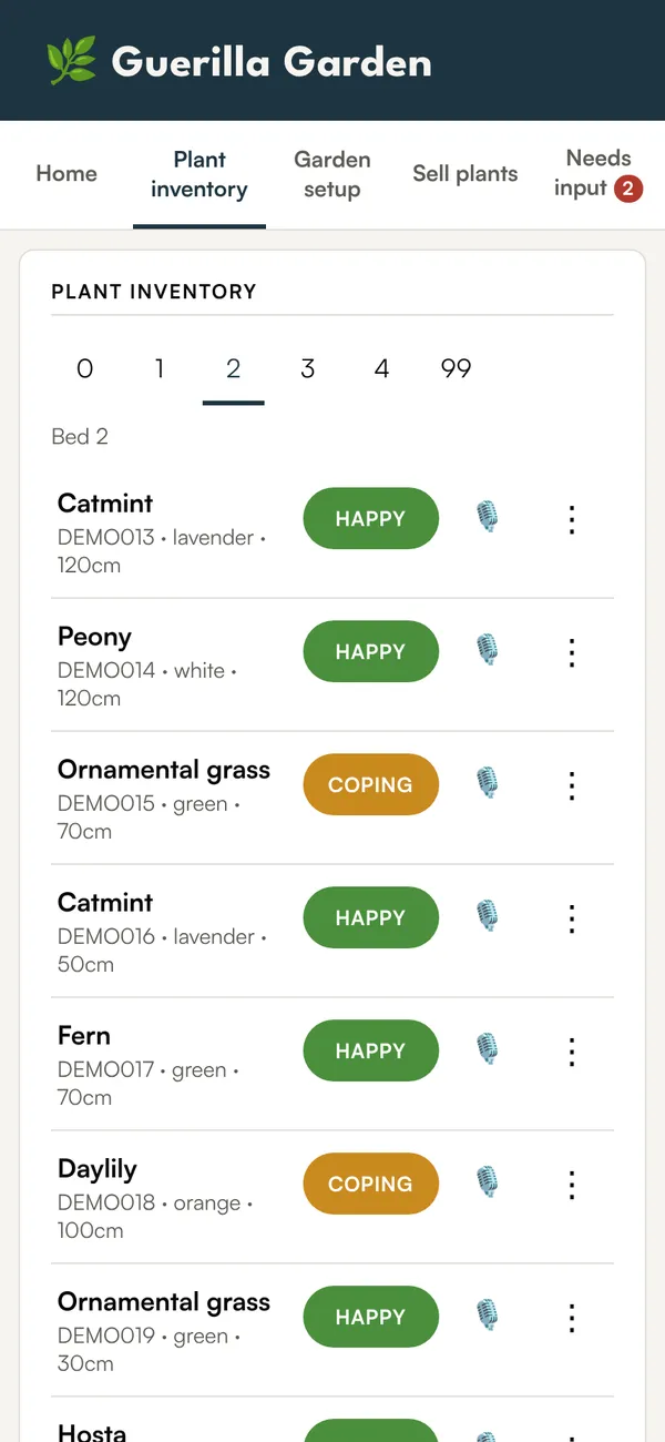 Plant inventory for bed 2 with condition tags