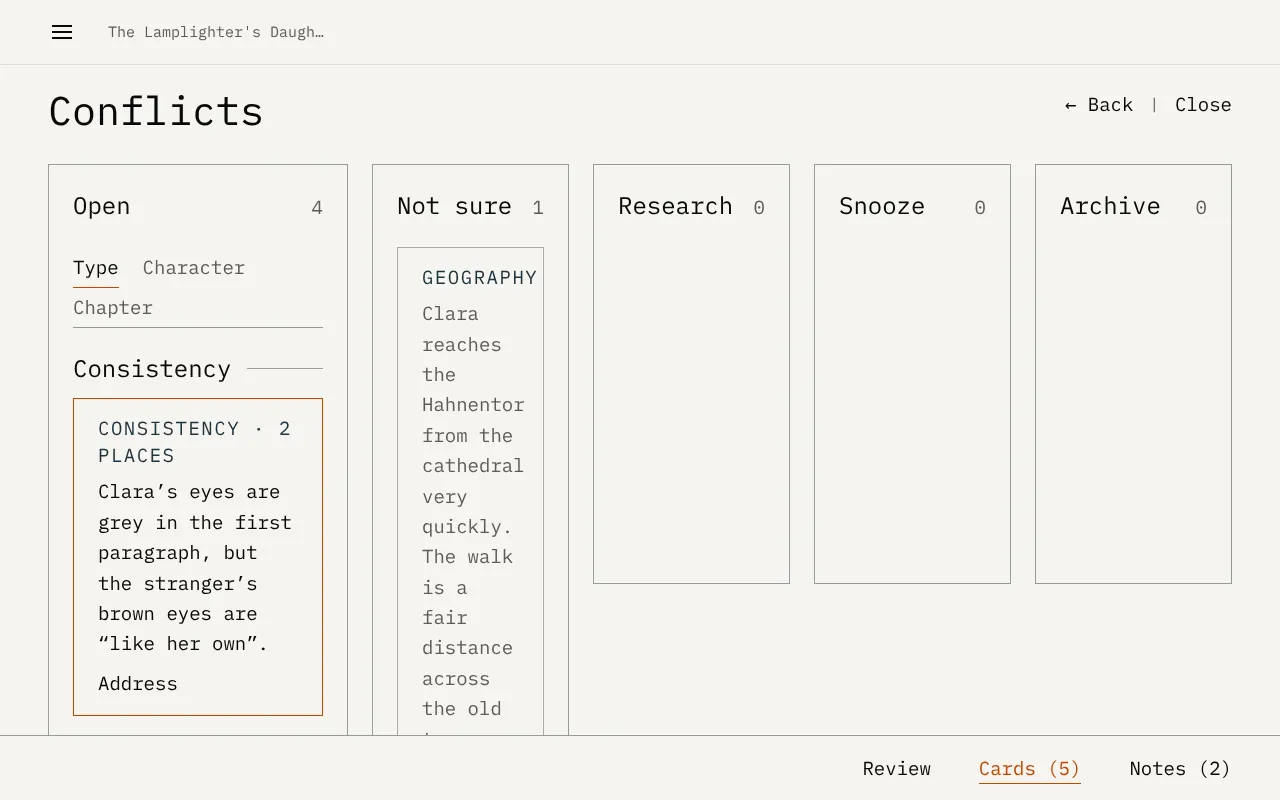 Conflicts board with open, not sure, research, snooze and archive columns